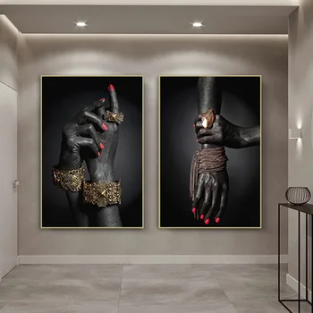 Золотые украшения и кисти рук Картина на холсте Плакаты и принты с изображением рук чернокожей женщины Африканские настенные рисунки для современного домашнего декора Настенные росписи
